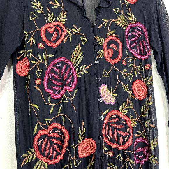 T Rose Floral Embroidered Duster Kimono Dress Black Pink Medium Sheer Ruffles - Picture 4 of 8